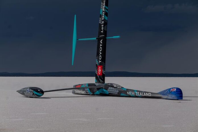 Emirates Team New Zealand's wind powered land speed world record attempt in mid-run at South Australia's Lake Gairdner