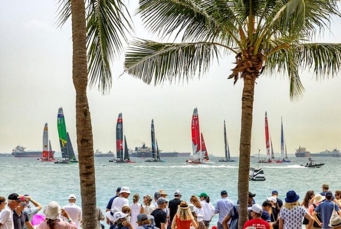 Spectators watch the fleet in action from the SailGP Beach Club on Race Day 2 of the Singapore Sail Grand Prix presented by the Singapore Tourism Board © Christopher Pike for SailGP